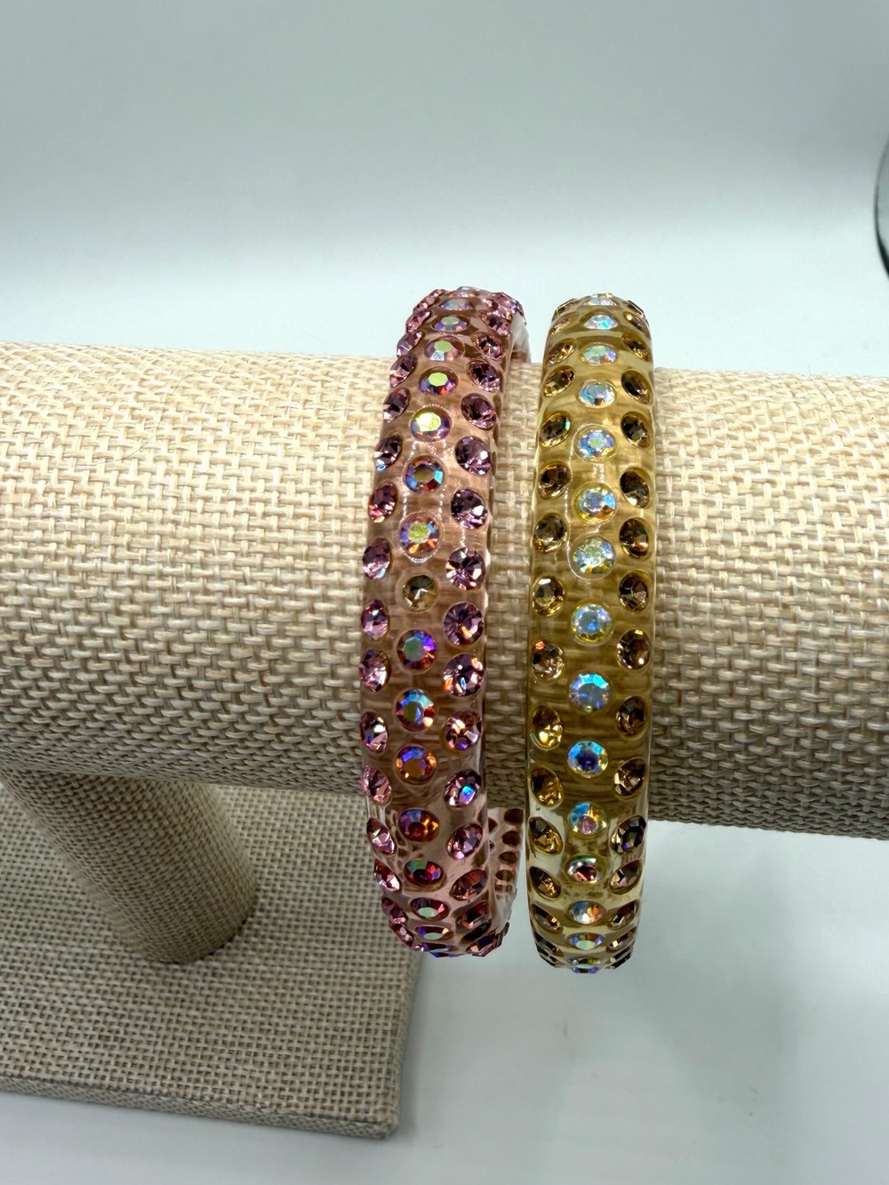 (Set of 2) Y2K Translucent Pink & Yellow Bedazzled Resin Bangle Bracelets